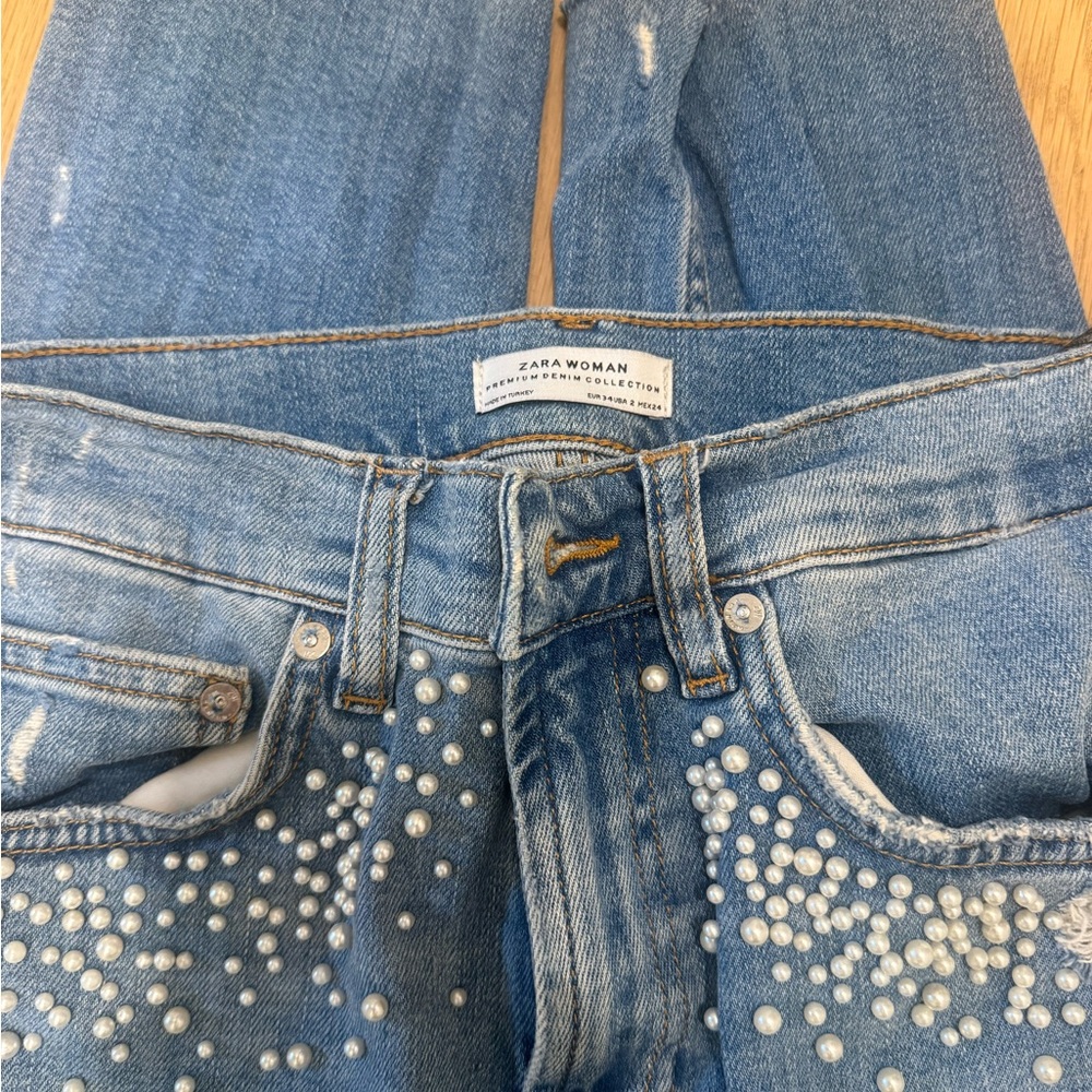 Zara Women's Light Blue Jeans with Pearl Details